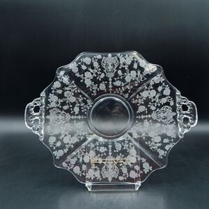 Cambridge Glass Etched Rose Point Serving Plate Pierced Handle Scalloped Edge